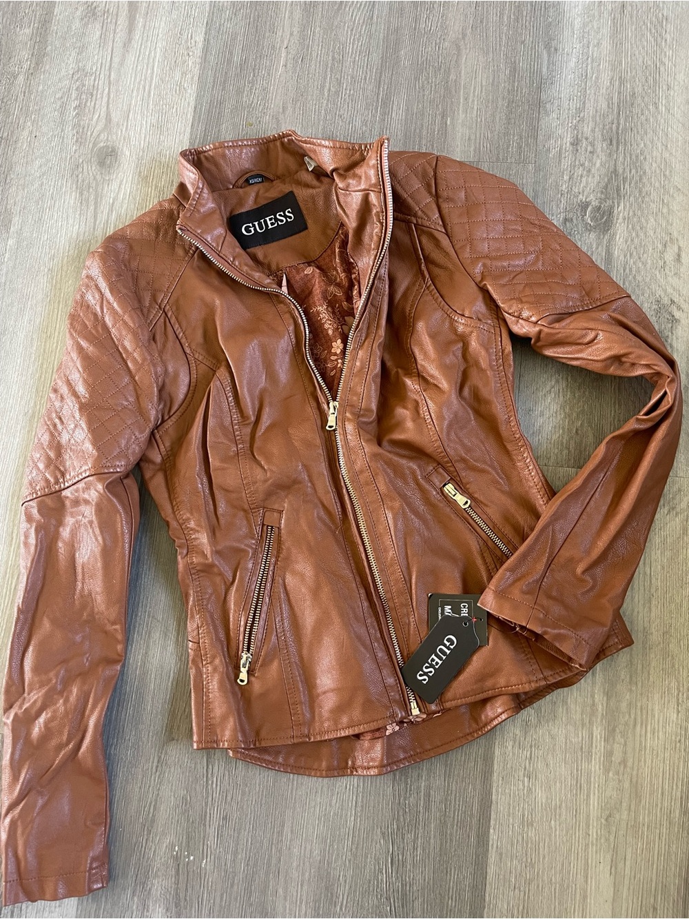 GUESS Women's Quilted Faux Leather Jacket in Cognac Brown